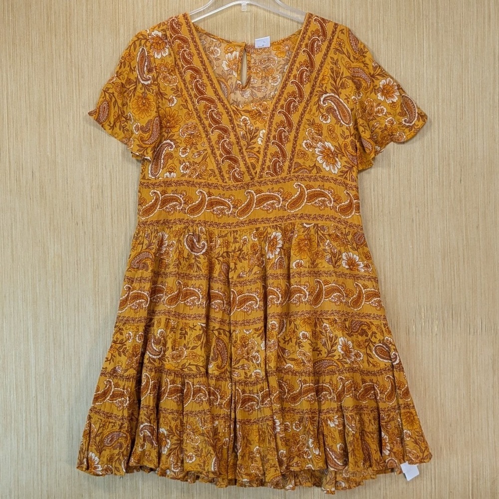 Bila Marigold Paisley Floral Tiered Mini Dress Boho Indie Mustard Yellow Medium